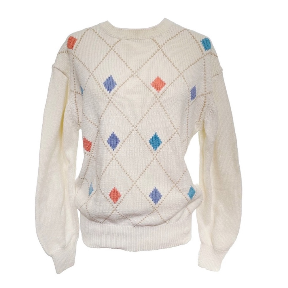 Vintage Pringle of Scotland cream white blue argyle diamond print knit sweater - Picture 1 of 6